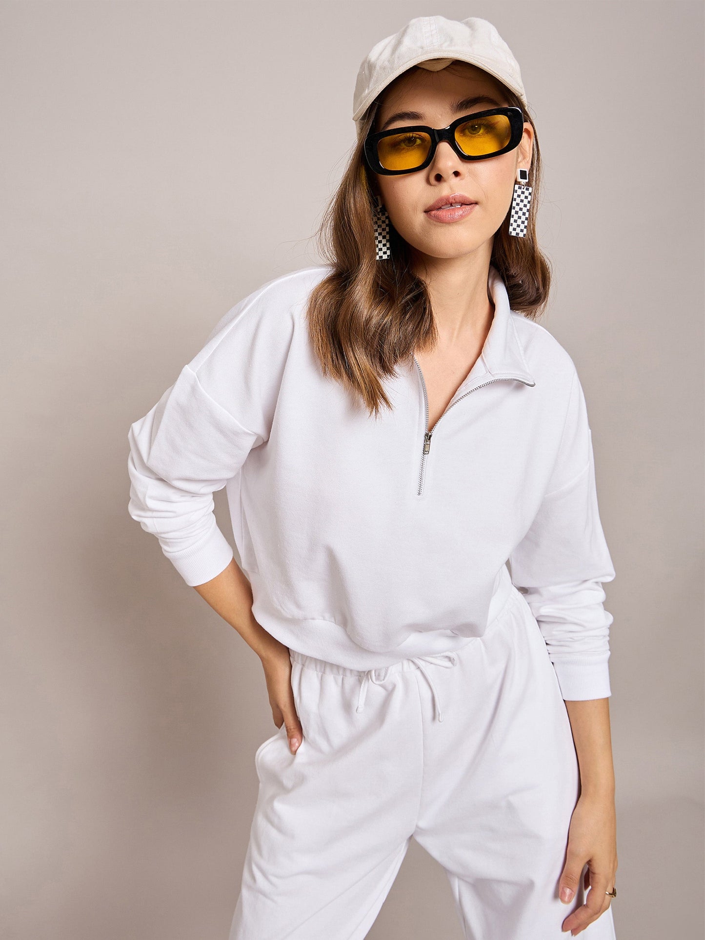 White Terry Oversized Zipper Sweatshirt