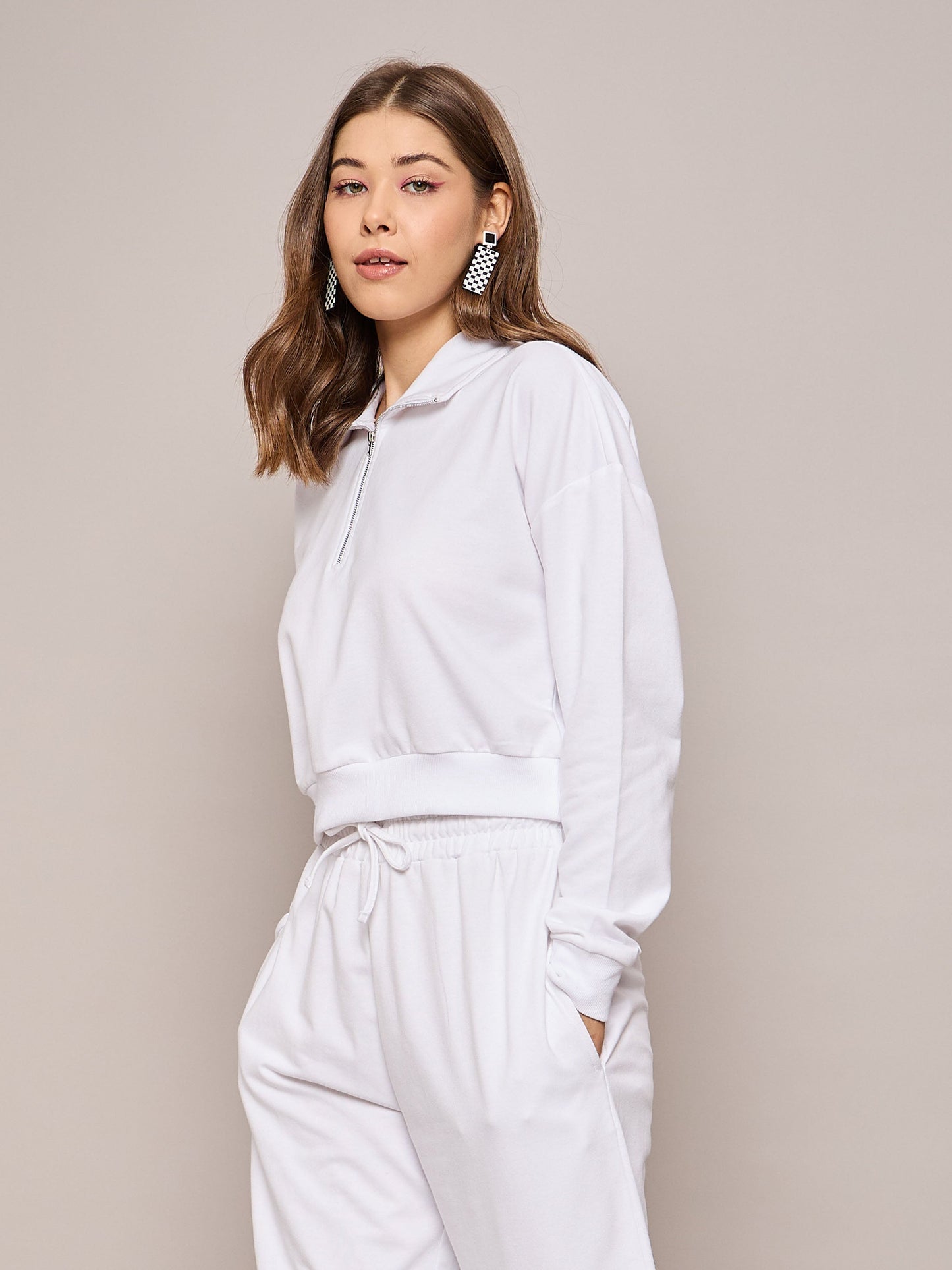 White Terry Oversized Zipper Sweatshirt