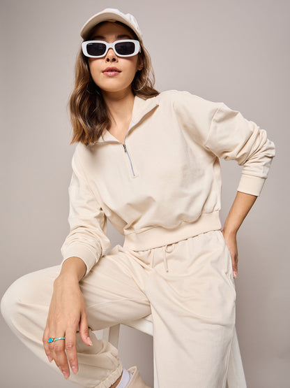 Off White Terry Oversized Zipper Sweatshirt