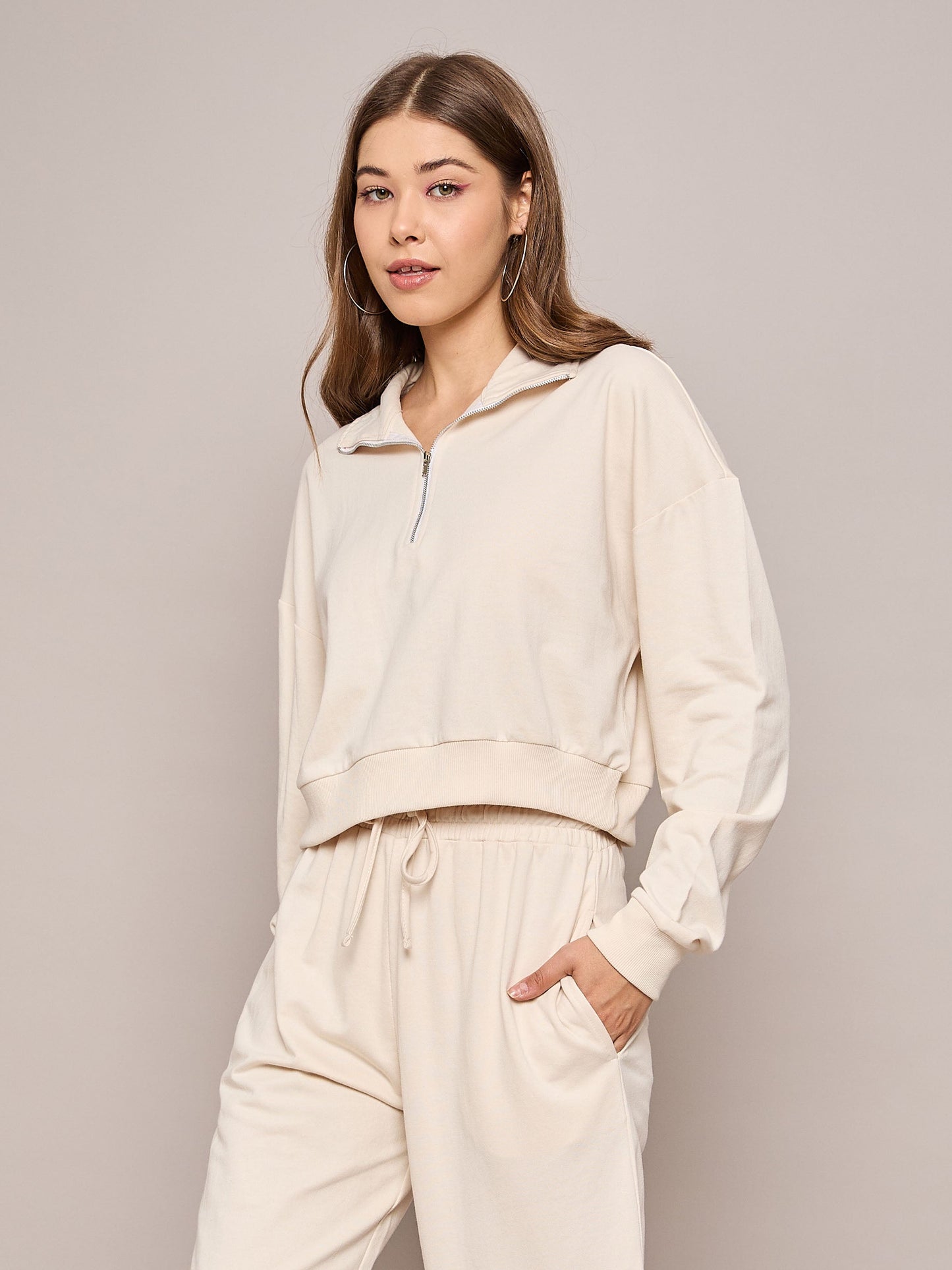 Off White Terry Oversized Zipper Sweatshirt
