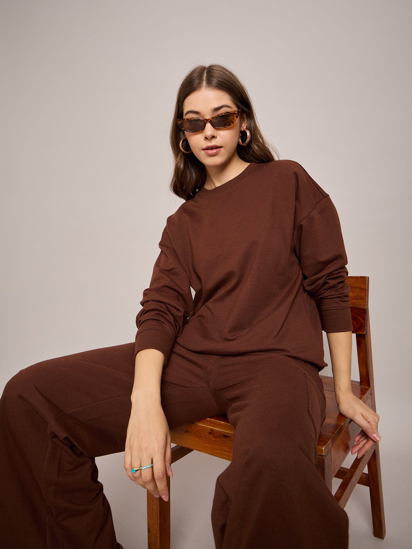 Women Brown Terry Oversized Sweatshirt With Wide Leg Track Pants