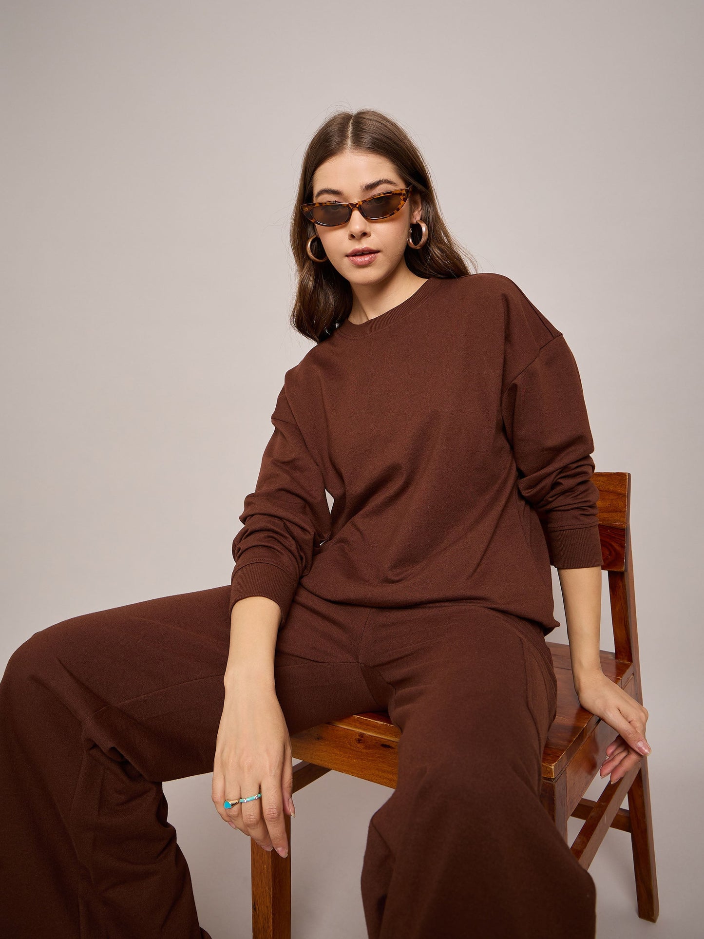 Women Brown Terry Oversized Sweatshirt With Wide Leg Track Pants