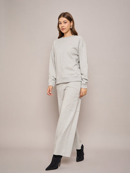 Women Grey Melange Terry Oversized Sweatshirt With Wide Leg Track Pants