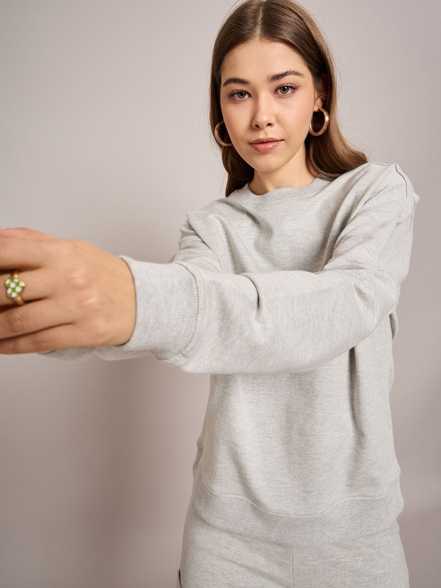 Women Grey Melange Terry Oversized Sweatshirt With Wide Leg Track Pants