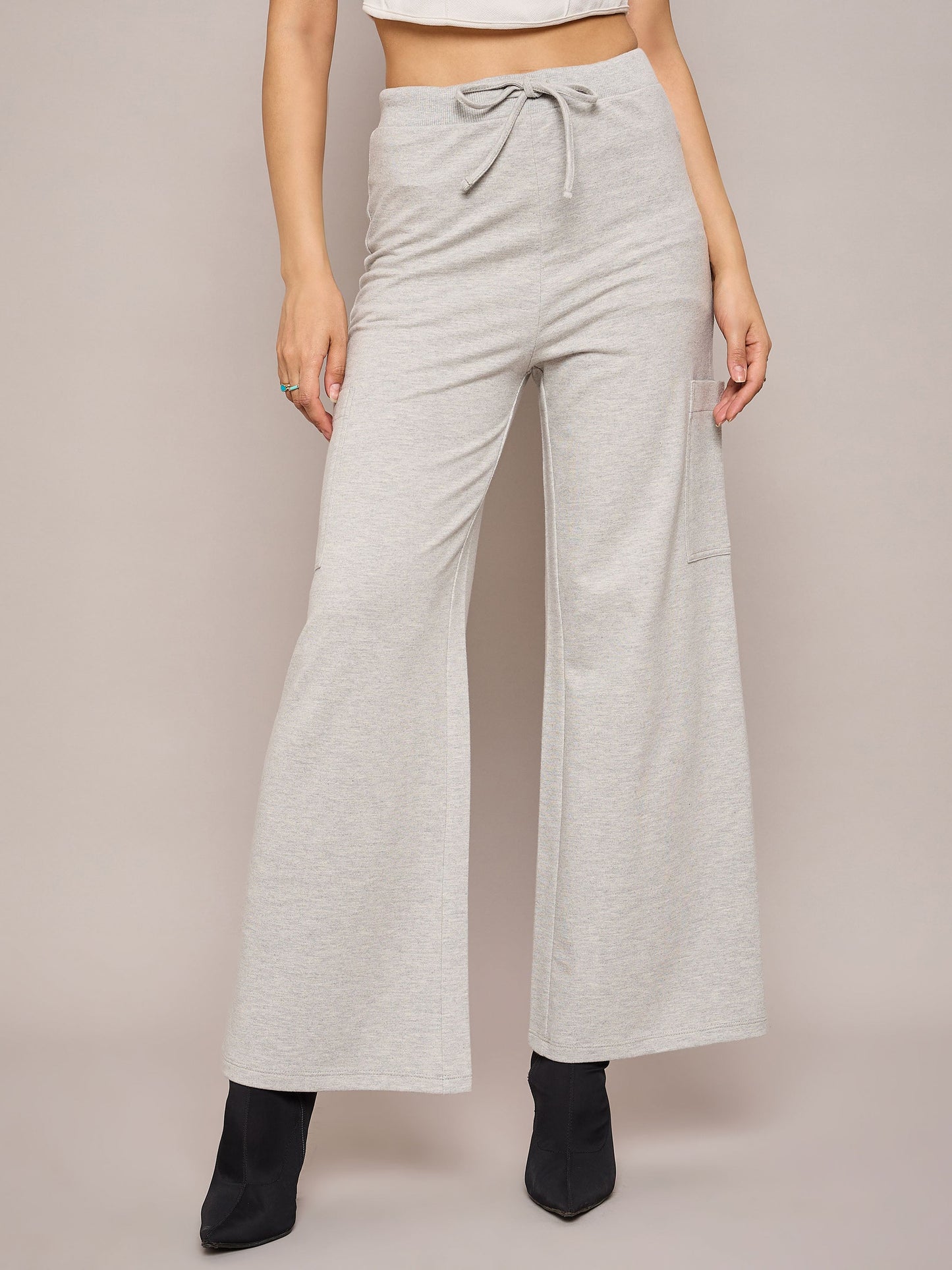 Women Grey Melange Terry Oversized Sweatshirt With Wide Leg Track Pants