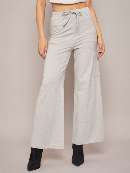 Women Grey Melange Terry Oversized Sweatshirt With Wide Leg Track Pants