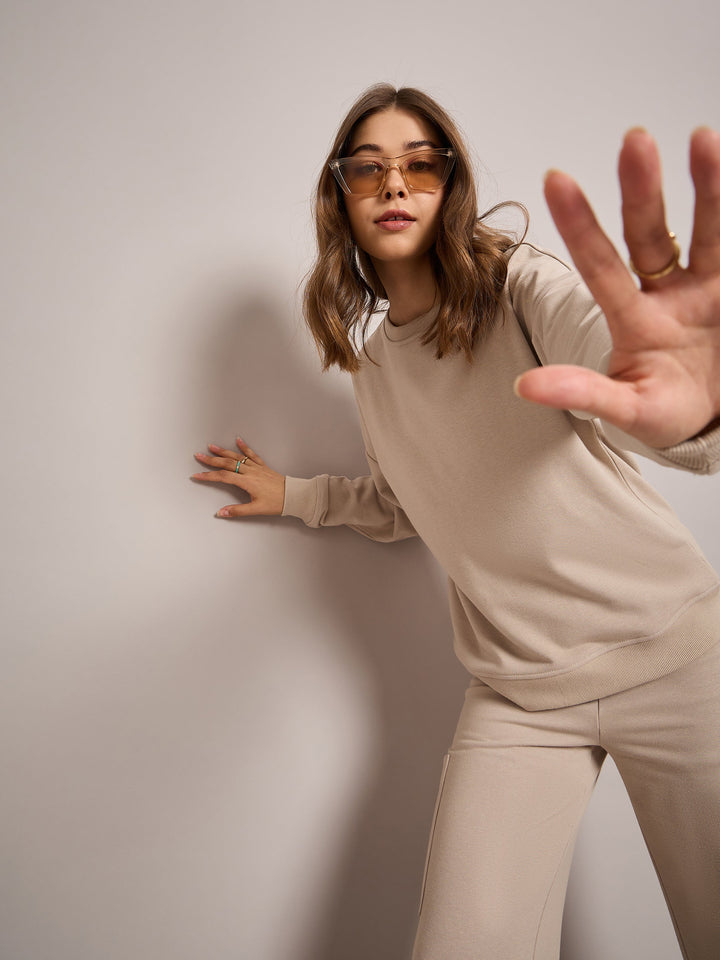 Women Taupe Terry Oversized Sweatshirt With Wide Leg Track Pants