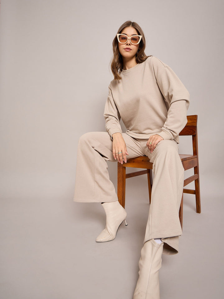 Women Taupe Terry Oversized Sweatshirt With Wide Leg Track Pants