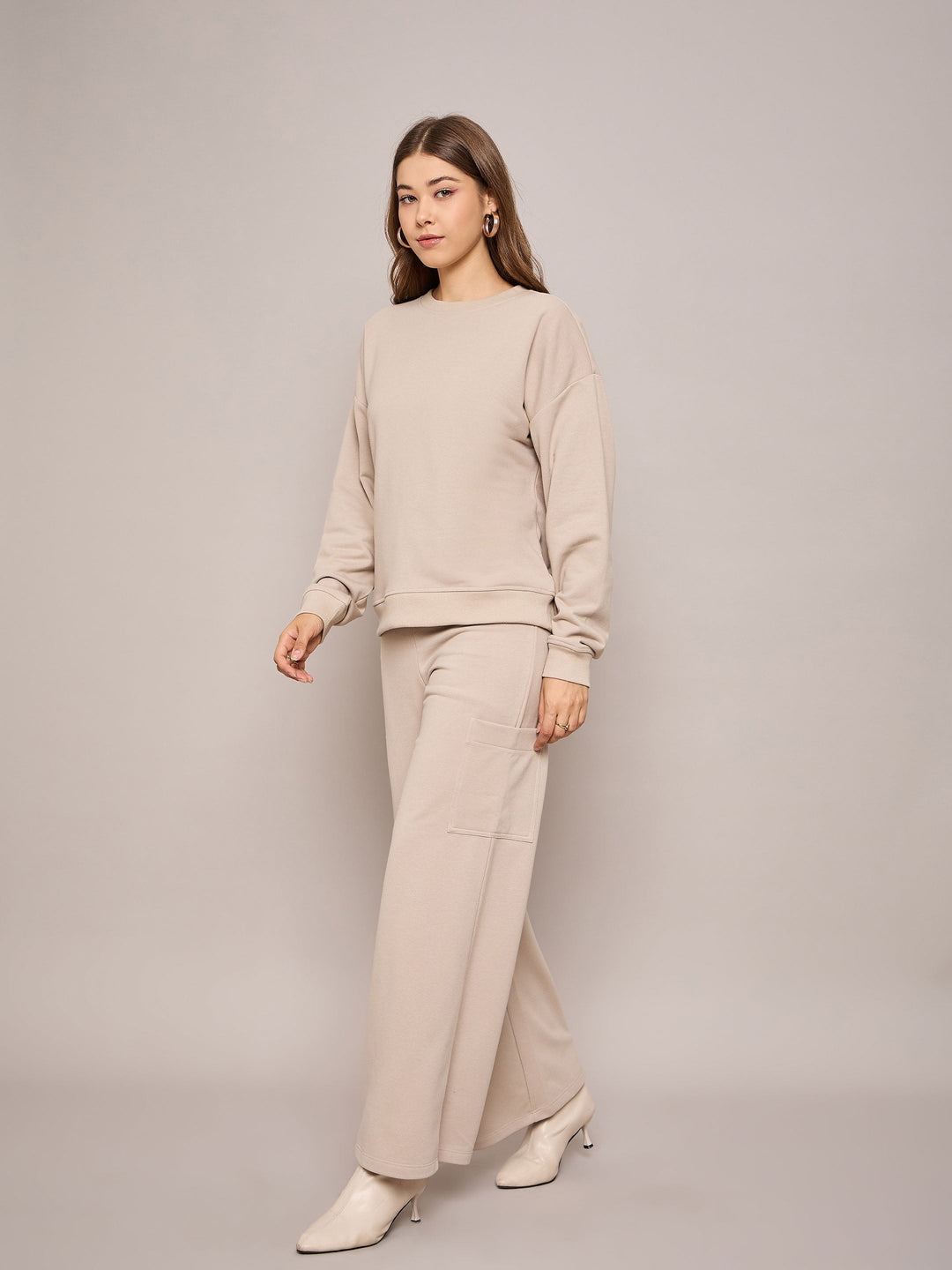 Women Taupe Terry Oversized Sweatshirt With Wide Leg Track Pants