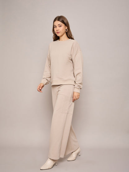 Women Taupe Terry Oversized Sweatshirt With Wide Leg Track Pants