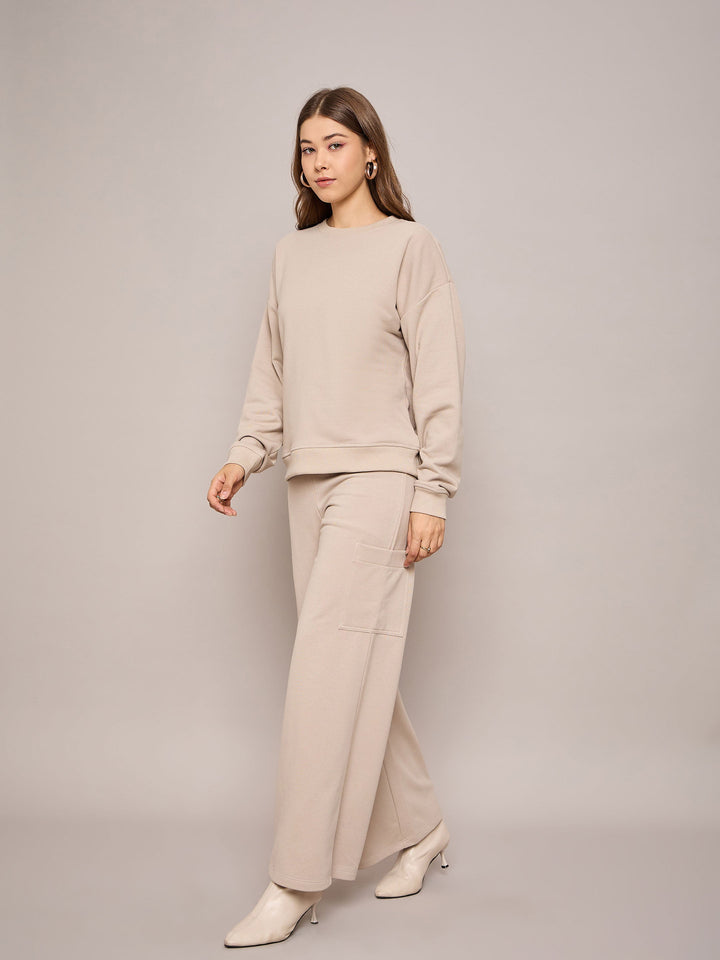Women Taupe Terry Oversized Sweatshirt With Wide Leg Track Pants
