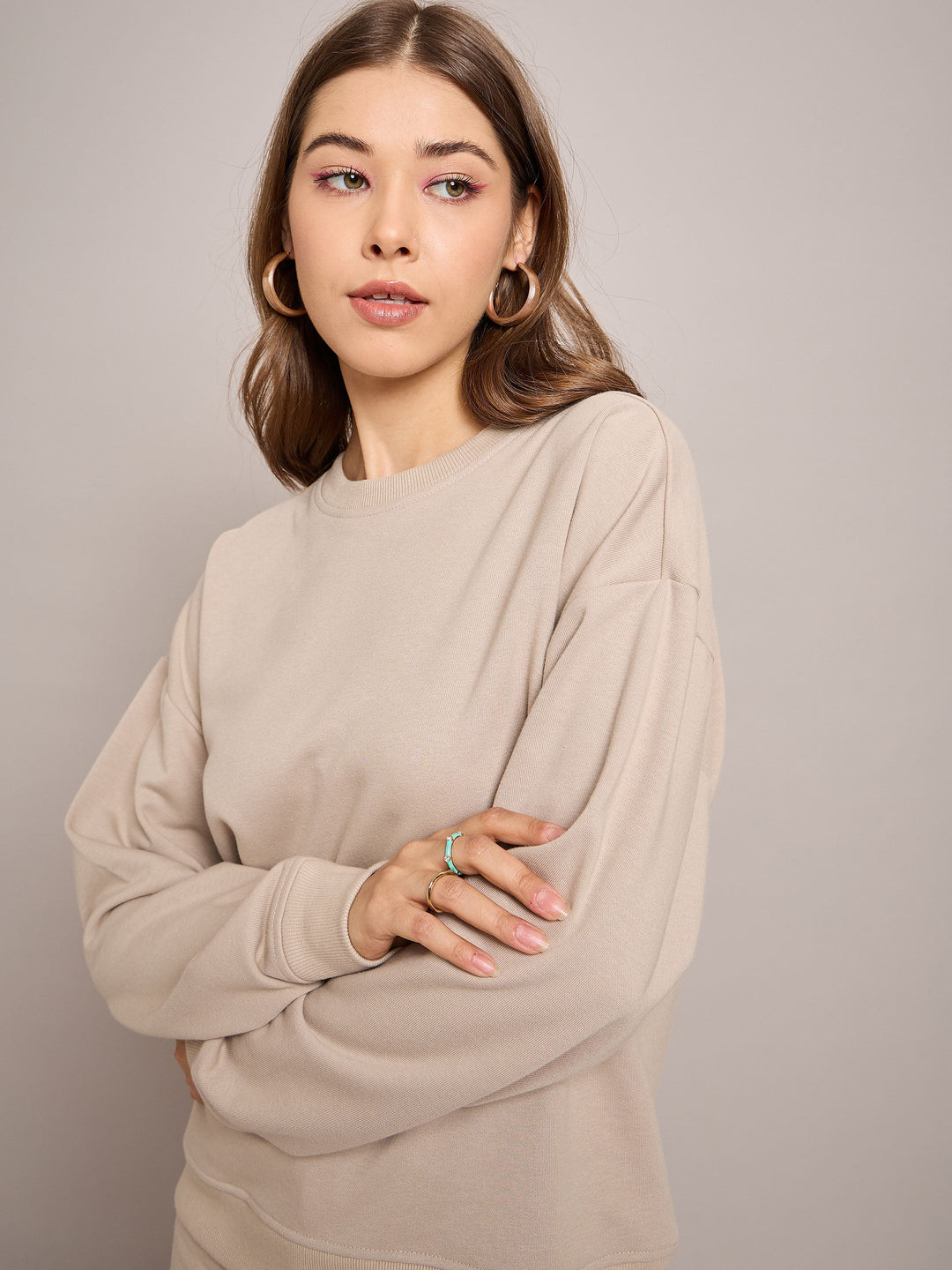 Women Taupe Terry Oversized Sweatshirt With Wide Leg Track Pants