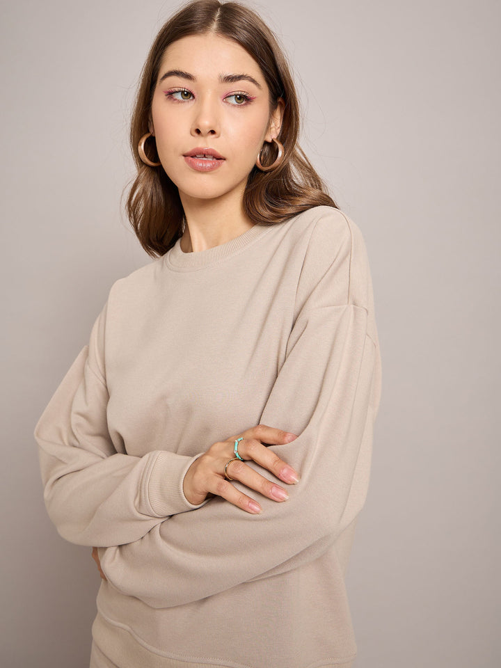 Women Taupe Terry Oversized Sweatshirt With Wide Leg Track Pants