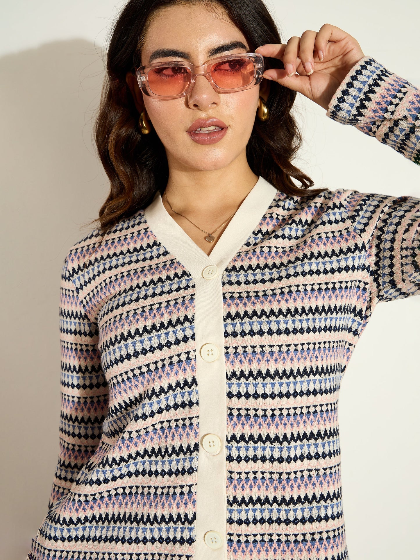White Chevron Stripe Front Button Cardigan