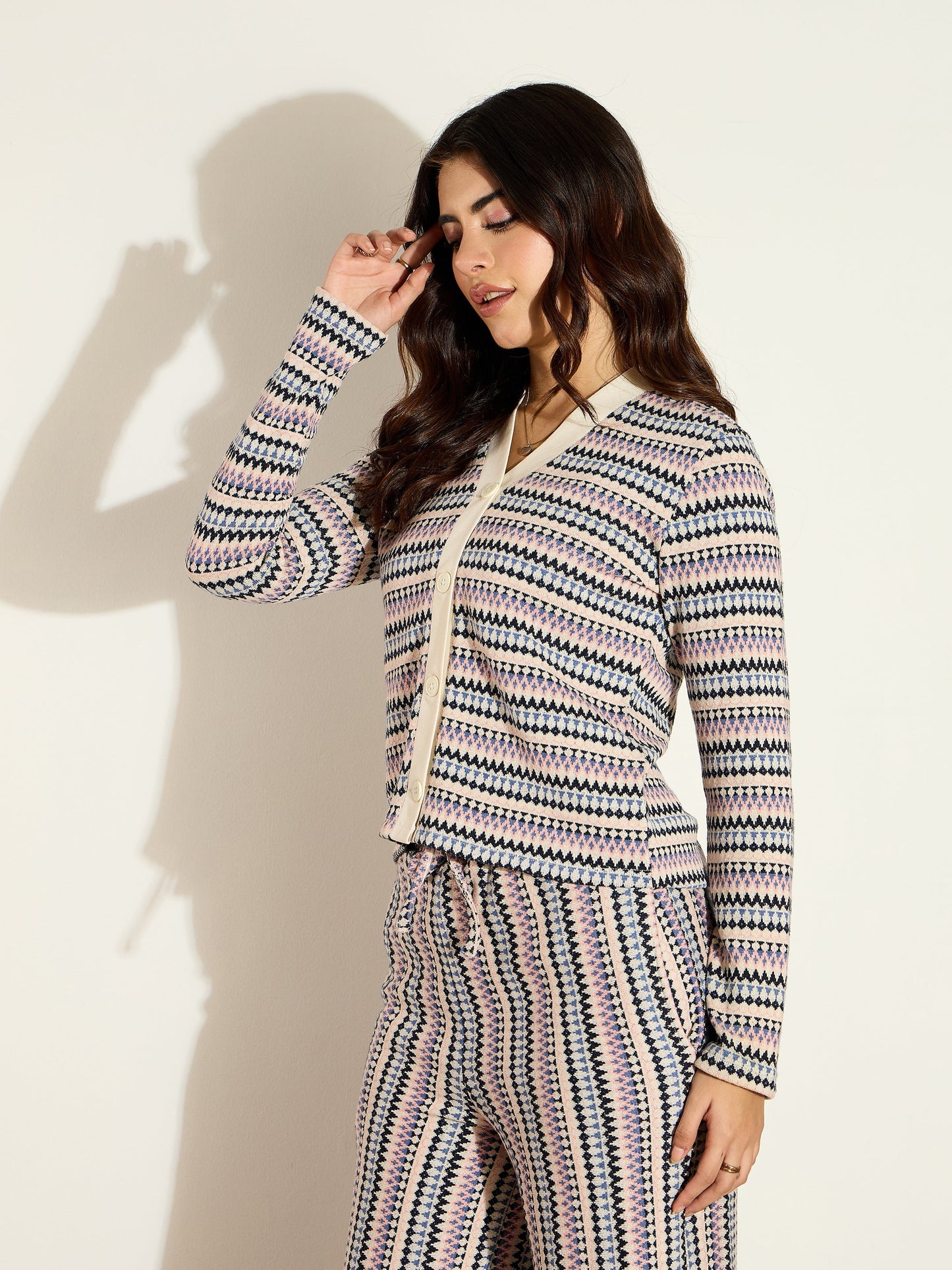 White Chevron Stripe Front Button Cardigan
