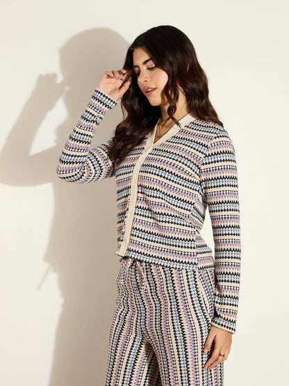 White Chevron Stripe Front Button Cardigan