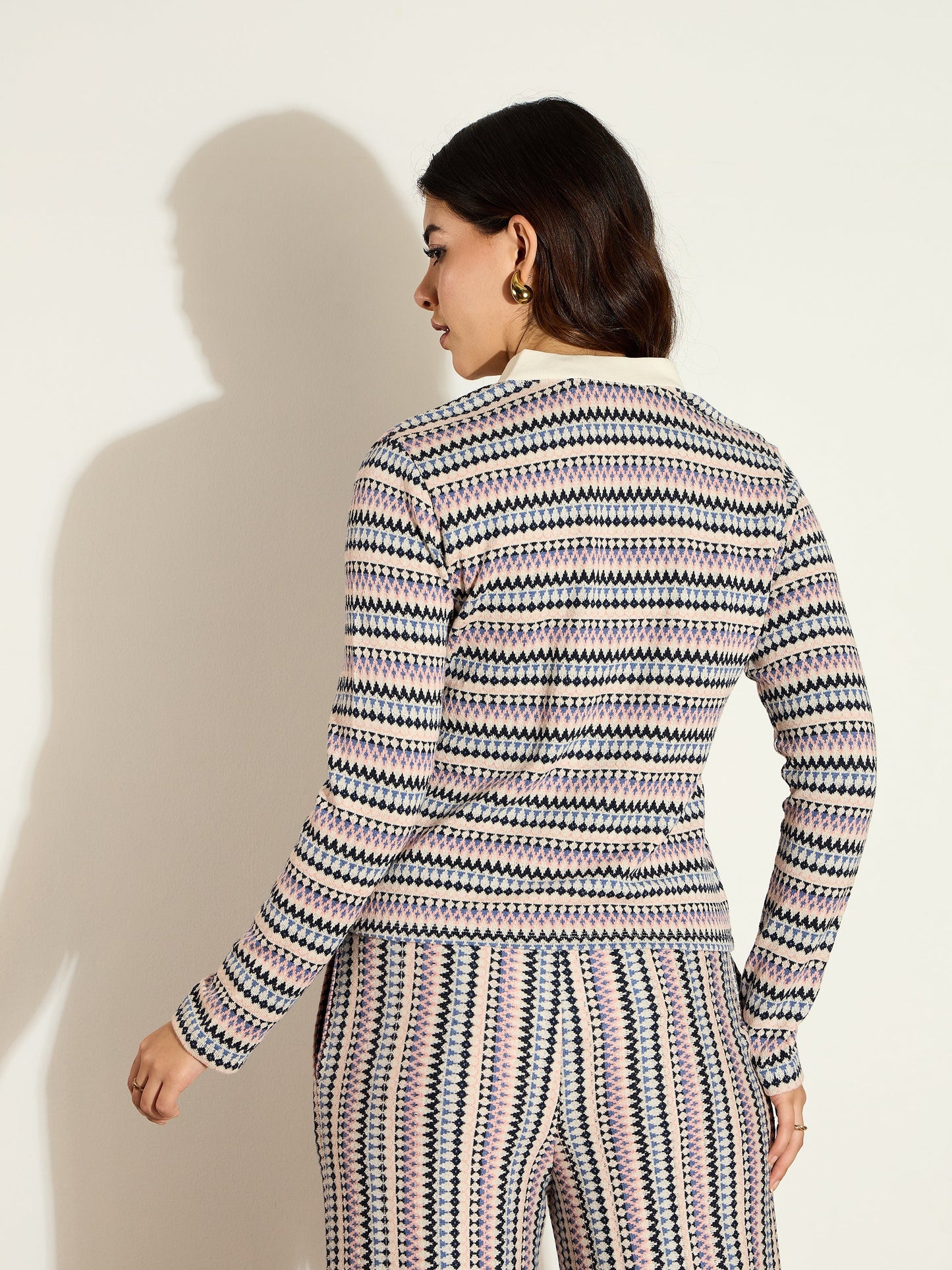 White Chevron Stripe Front Button Cardigan