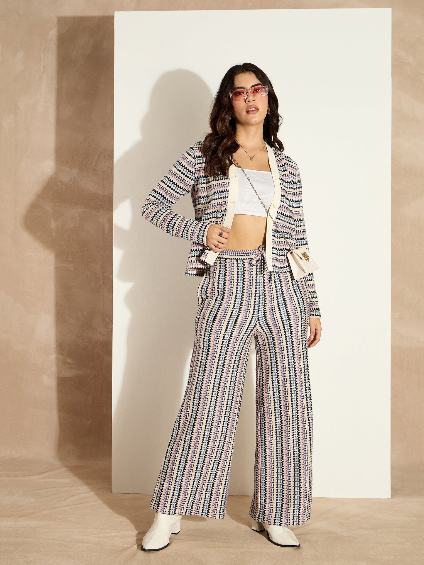 White Chevron Stripe Front Button Cardigan