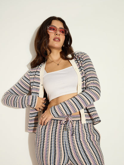 White Chevron Stripe Front Button Cardigan