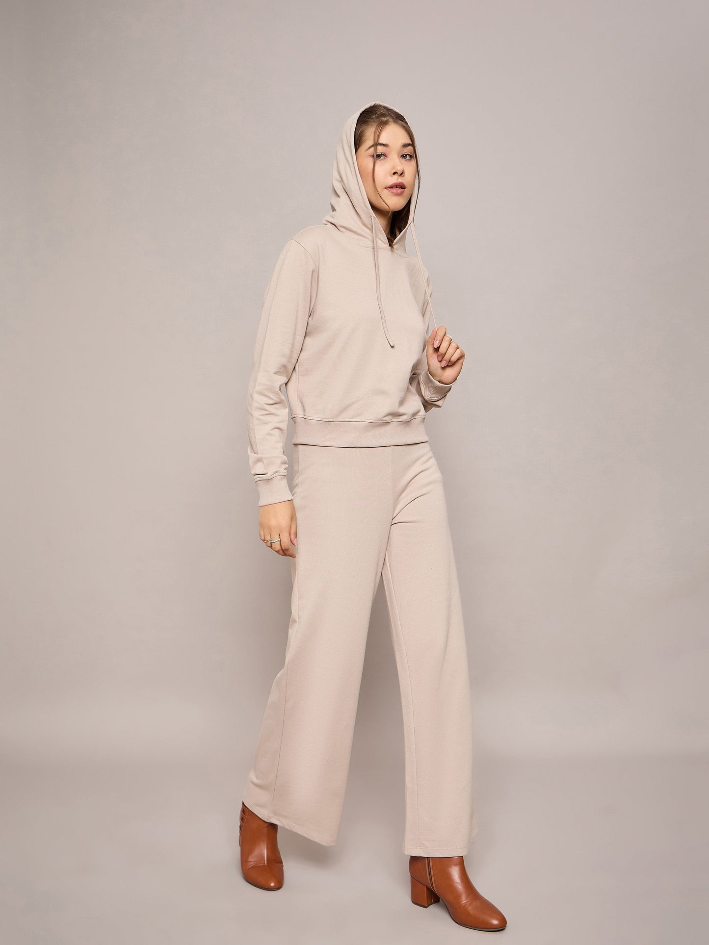 Women Taupe Terry Regular Hoodie With Terry Pants