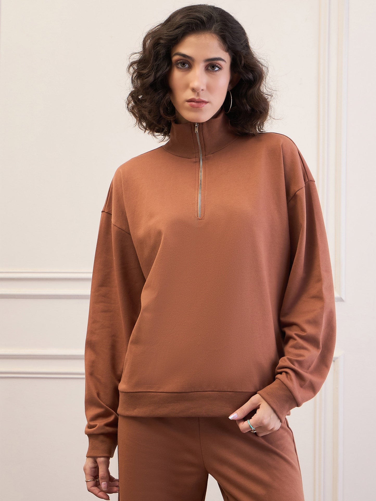 Brown High-Neck Sweatshirt