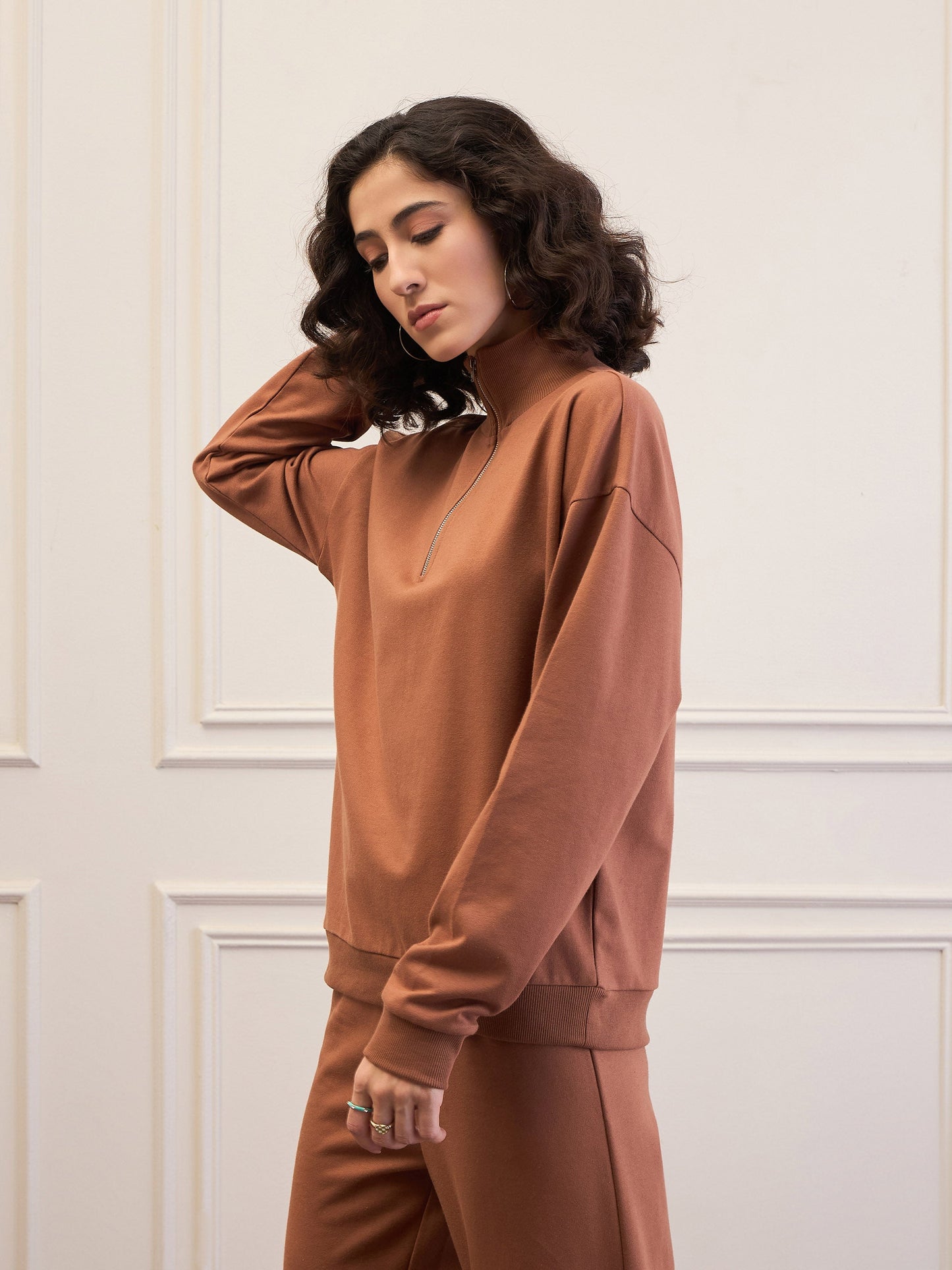 Brown High-Neck Sweatshirt