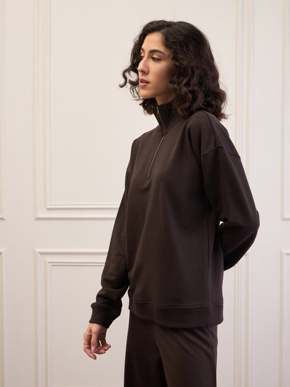 Dark Brown High-Neck Sweatshirt