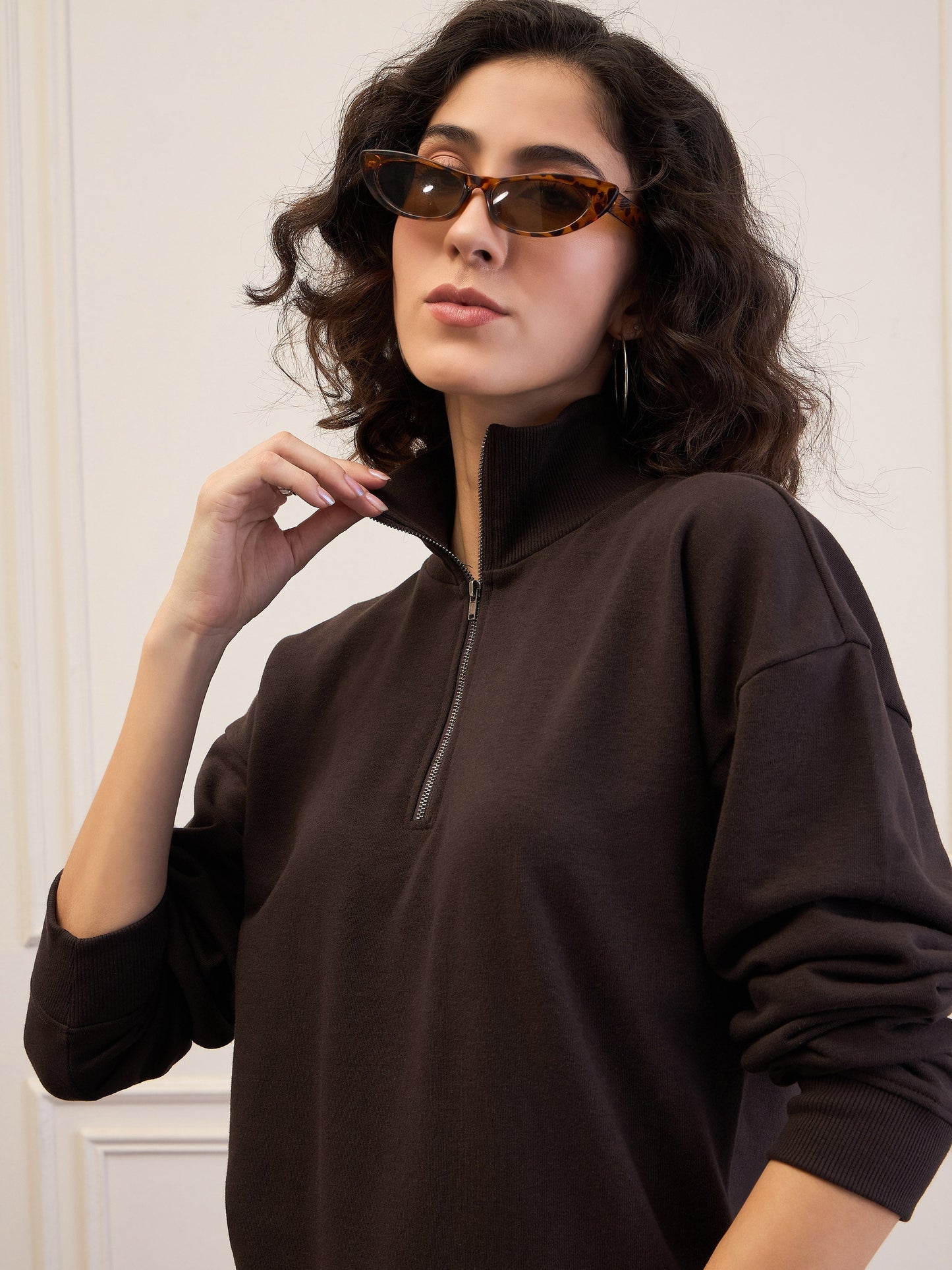Dark Brown High-Neck Sweatshirt