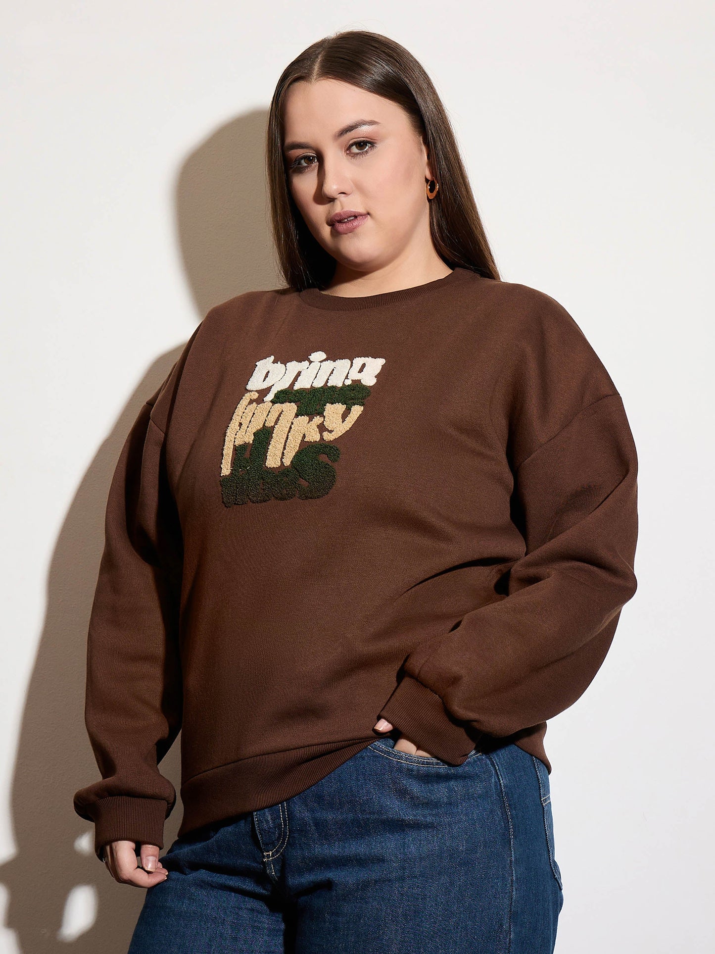 Brown Fleece FUNNKY VIBES Emb Sweatshirt