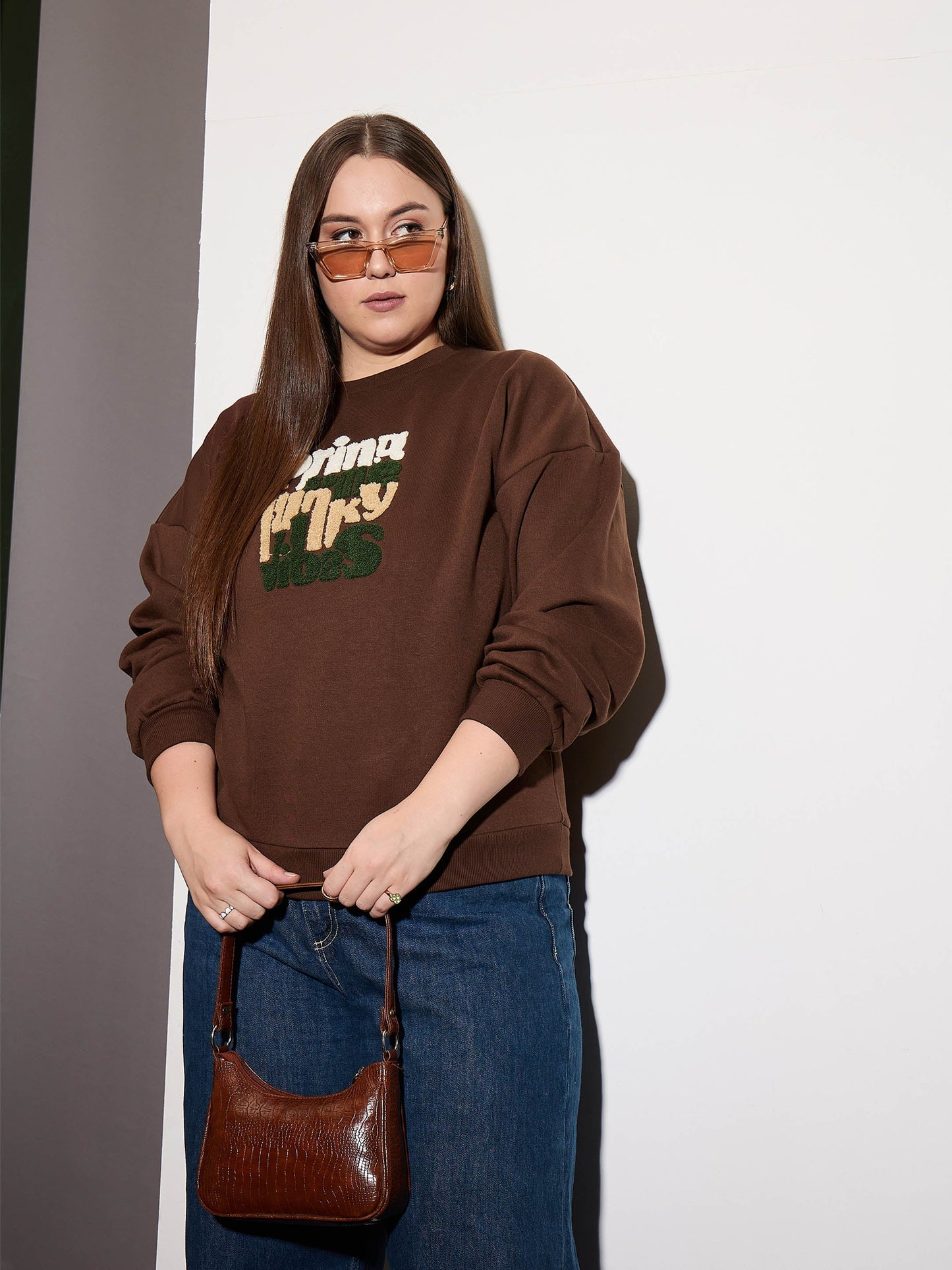 Brown Fleece FUNNKY VIBES Emb Sweatshirt