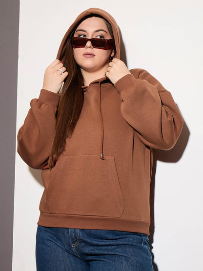 Plus size women's Brown Polycotton Brown Fleece Hoodie by Sassafras Curve for wholesale buyers, boutiques, resellers and bulk orders from Trendphoria