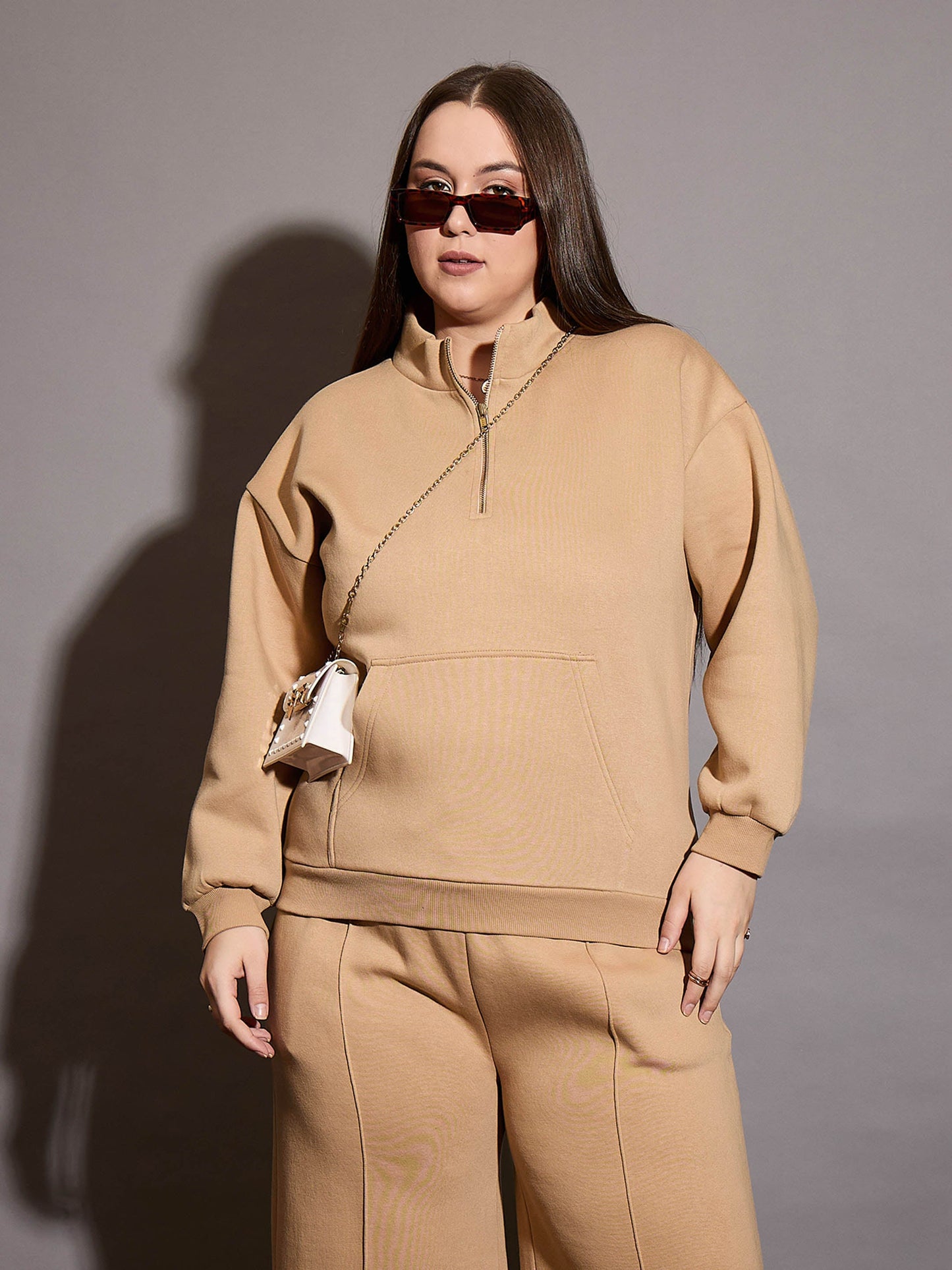 Beige Fleece Half Zipper Sweatshirt