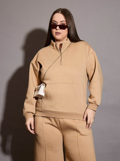 Beige Fleece Half Zipper Sweatshirt