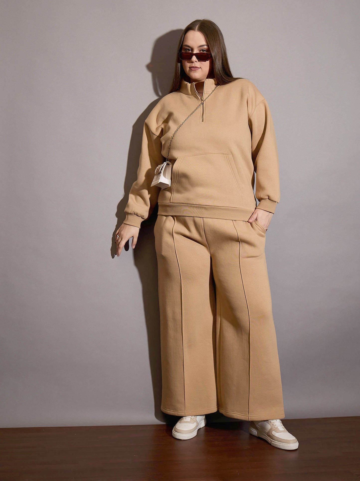 Beige Fleece Half Zipper Sweatshirt