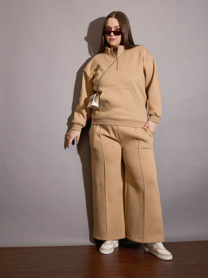 Beige Fleece Half Zipper Sweatshirt