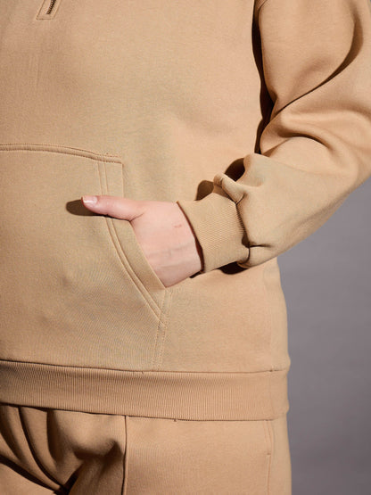 Beige Fleece Half Zipper Sweatshirt