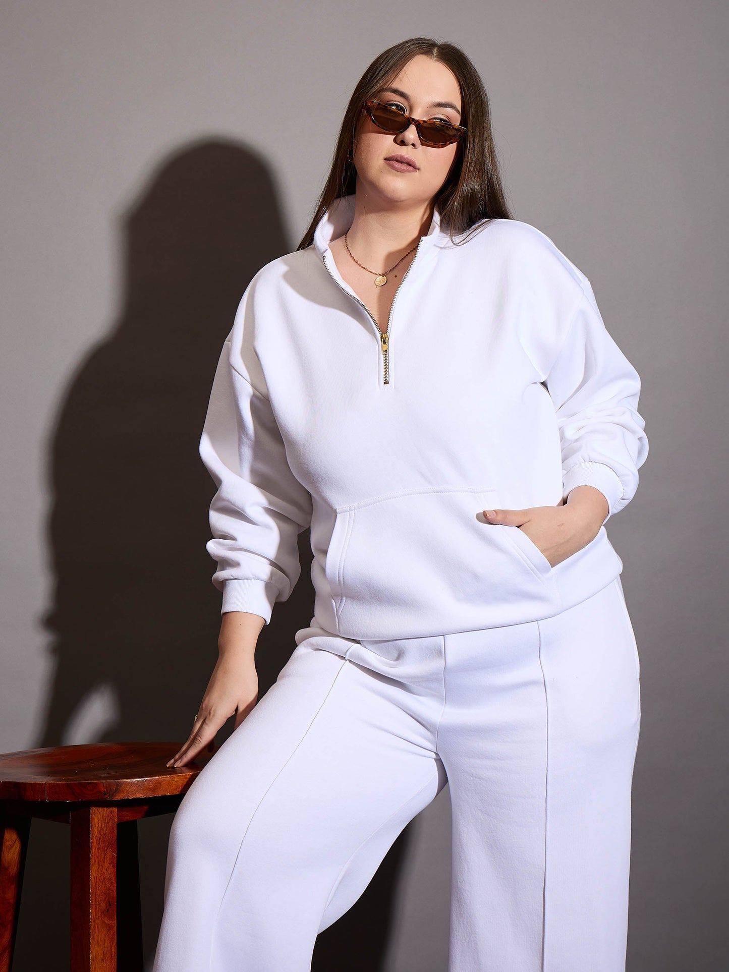 White Fleece Half Zipper Sweatshirt