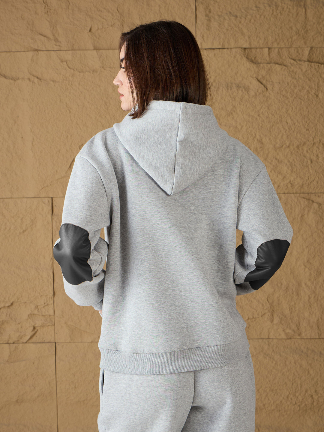 Women Grey Melange Fleece Hoodie With Sweatpants