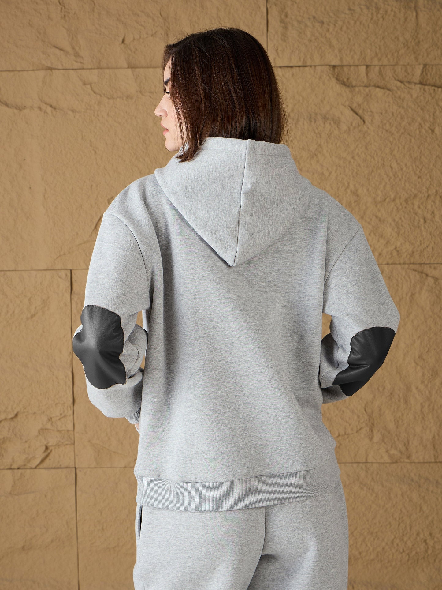 Women Grey Melange Fleece Hoodie With Sweatpants