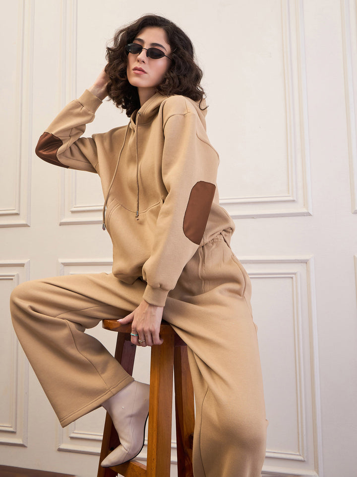 Women Beige Fleece Oversized Hoodie With Sweatpants