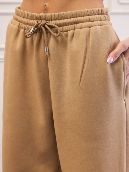 Women Beige Fleece Oversized Hoodie With Sweatpants