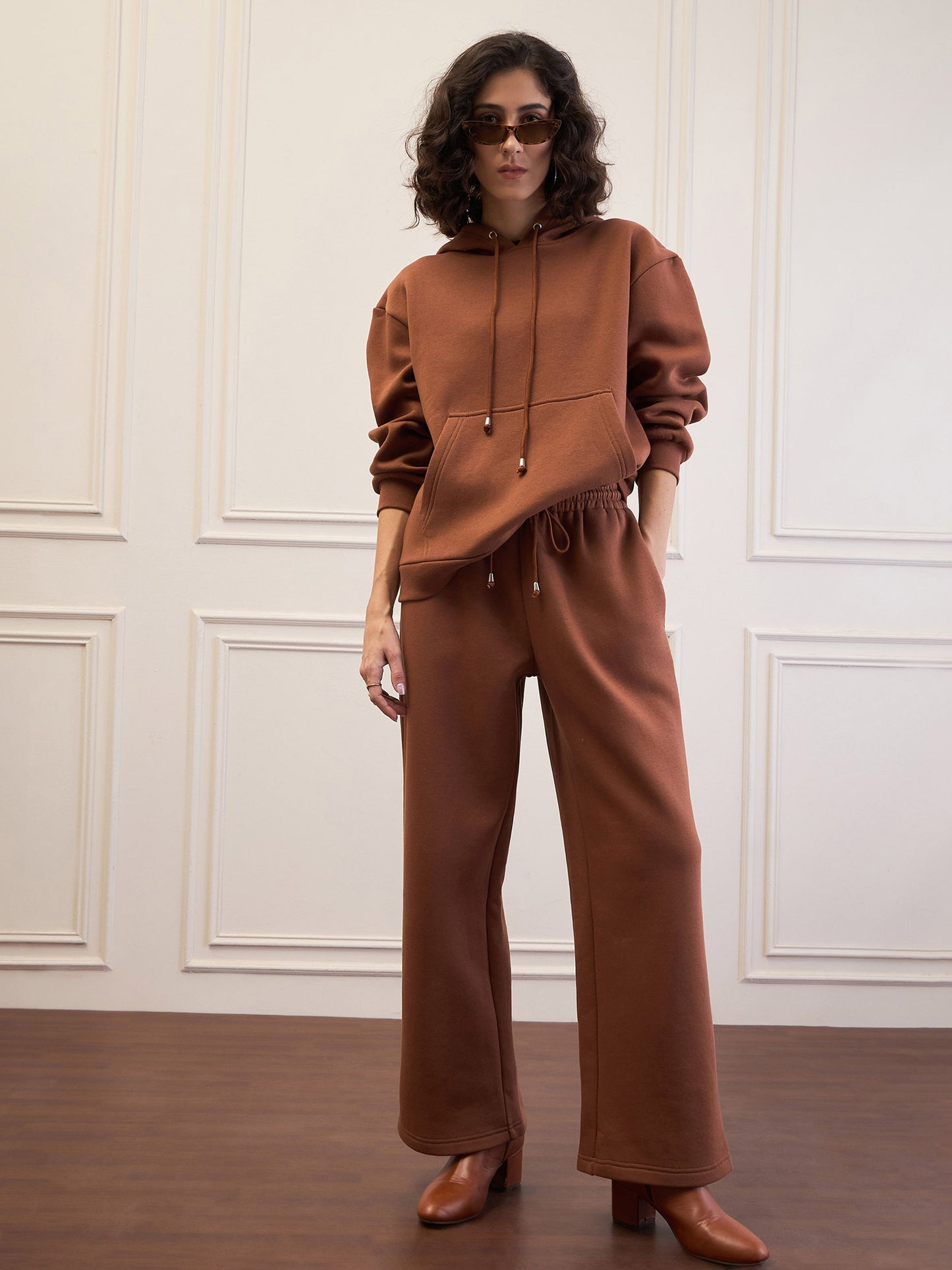 Women's Women Brown Fleece Oversized Hoodie With Sweatpants in Cotton by Sassafras for wholesale, bulk, supplier, manufacturer and wholesaler buyers from Trendphoria