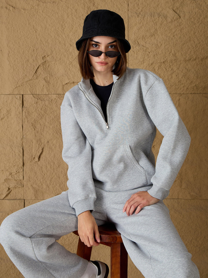Women Grey Melange Fleece Front Zipper Sweatshirt