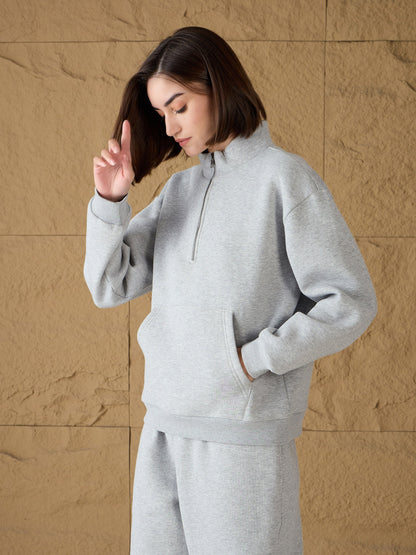 Women Grey Melange Fleece Front Zipper Sweatshirt