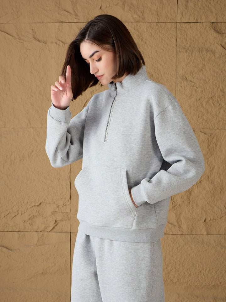 Women Grey Melange Fleece Front Zipper Sweatshirt