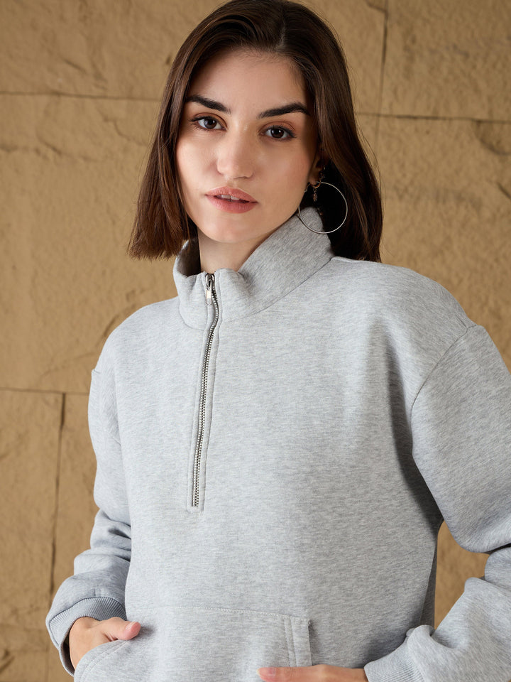 Women Grey Melange Fleece Front Zipper Sweatshirt