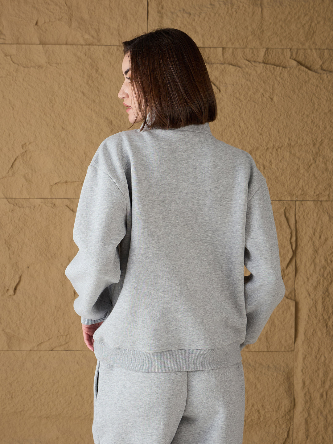 Women Grey Melange Fleece Front Zipper Sweatshirt