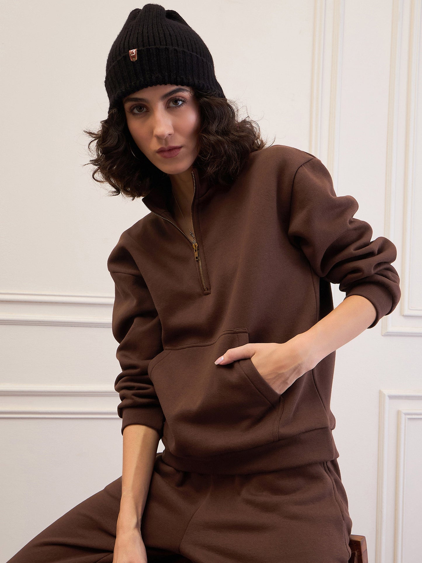 Dark Brown Fleece Front Zipper Sweatshirt