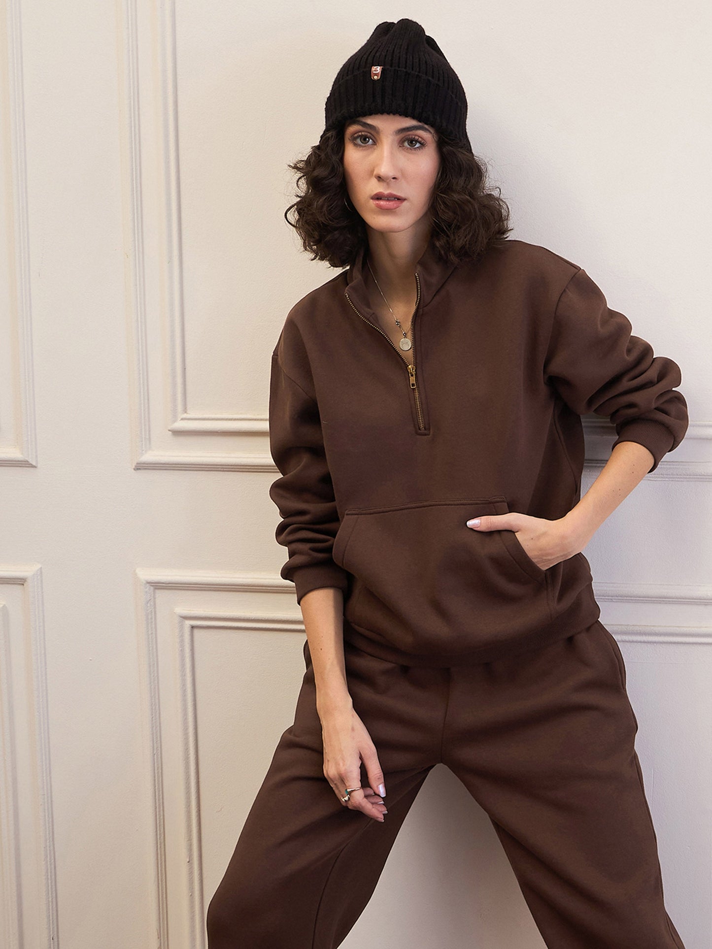 Dark Brown Fleece Front Zipper Sweatshirt