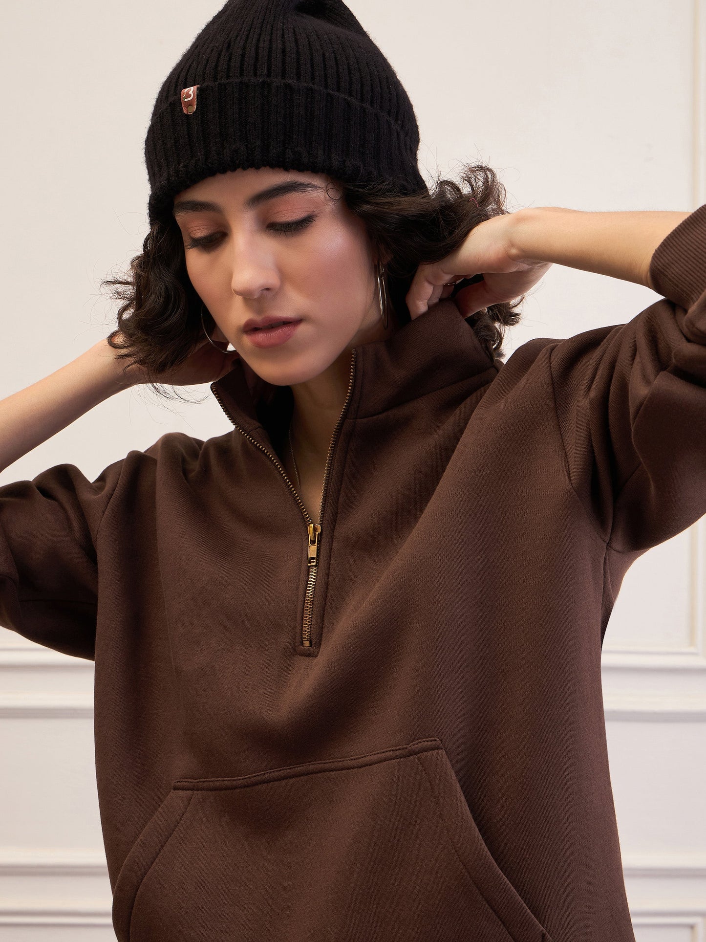 Dark Brown Fleece Front Zipper Sweatshirt